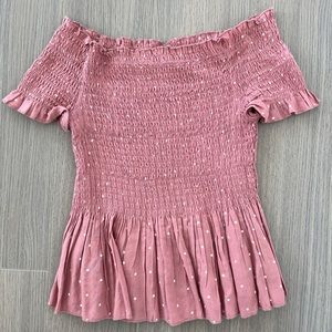 Pink Polka dotted off the shoulder blouse